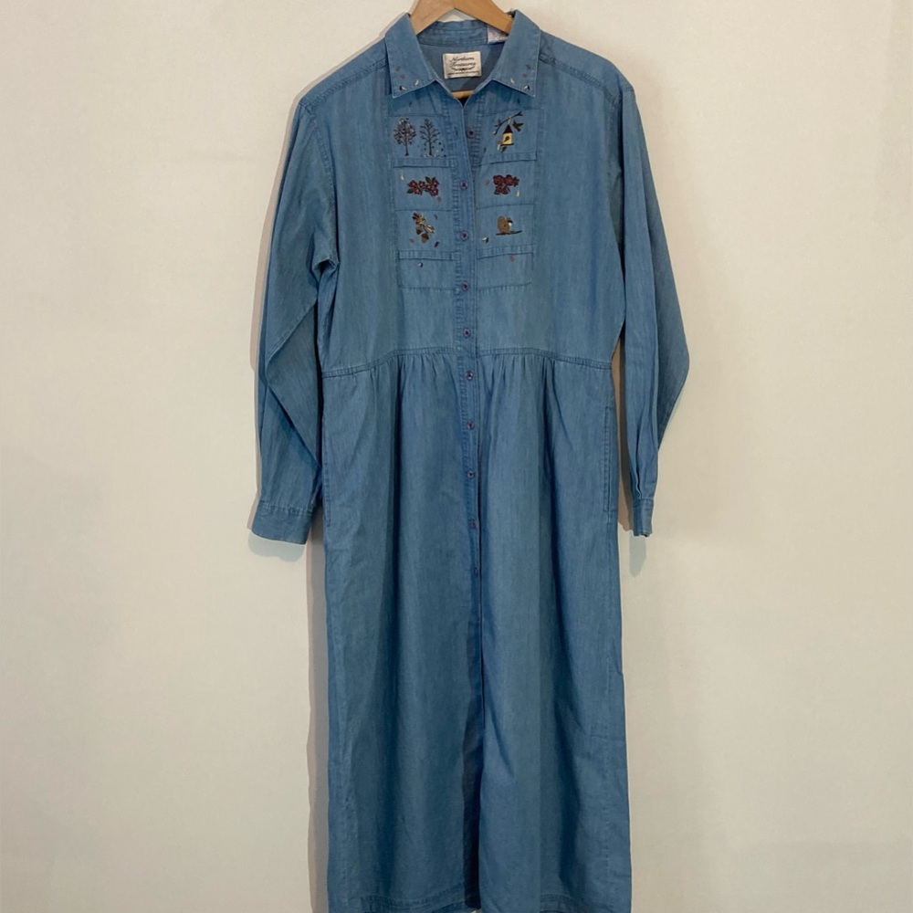 Northern Treasures Cotton Garden Embroidered Denim Button Up Front Maxi Dress LG
